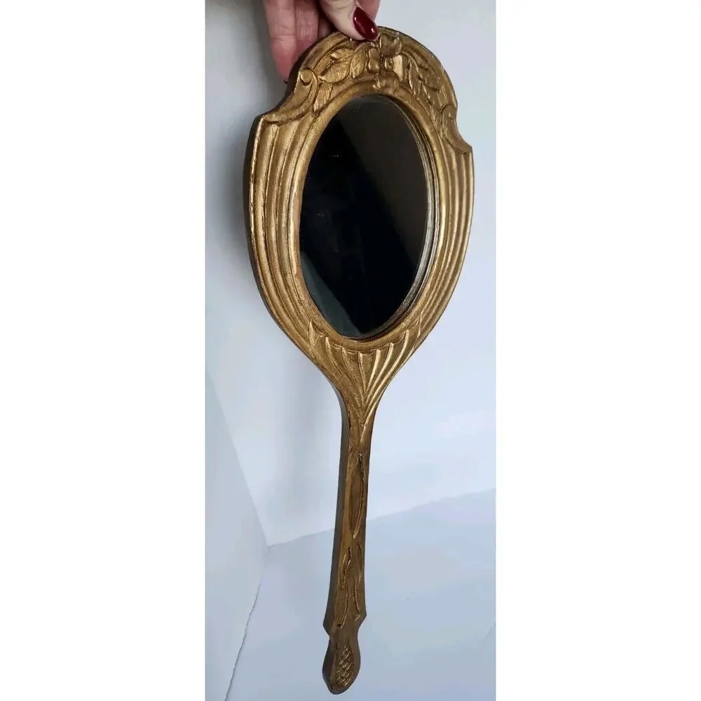 Vintage Hollywood Regency Carved & Gold Gilded Handheld Wood Vanity Mirror